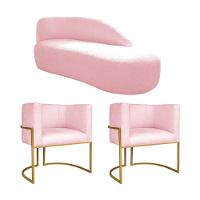 Kit Divã Luna 160cm Lado Direito E 02 Poltronas Base De Ferro Dourado Suede Rosa Bebê - 1
