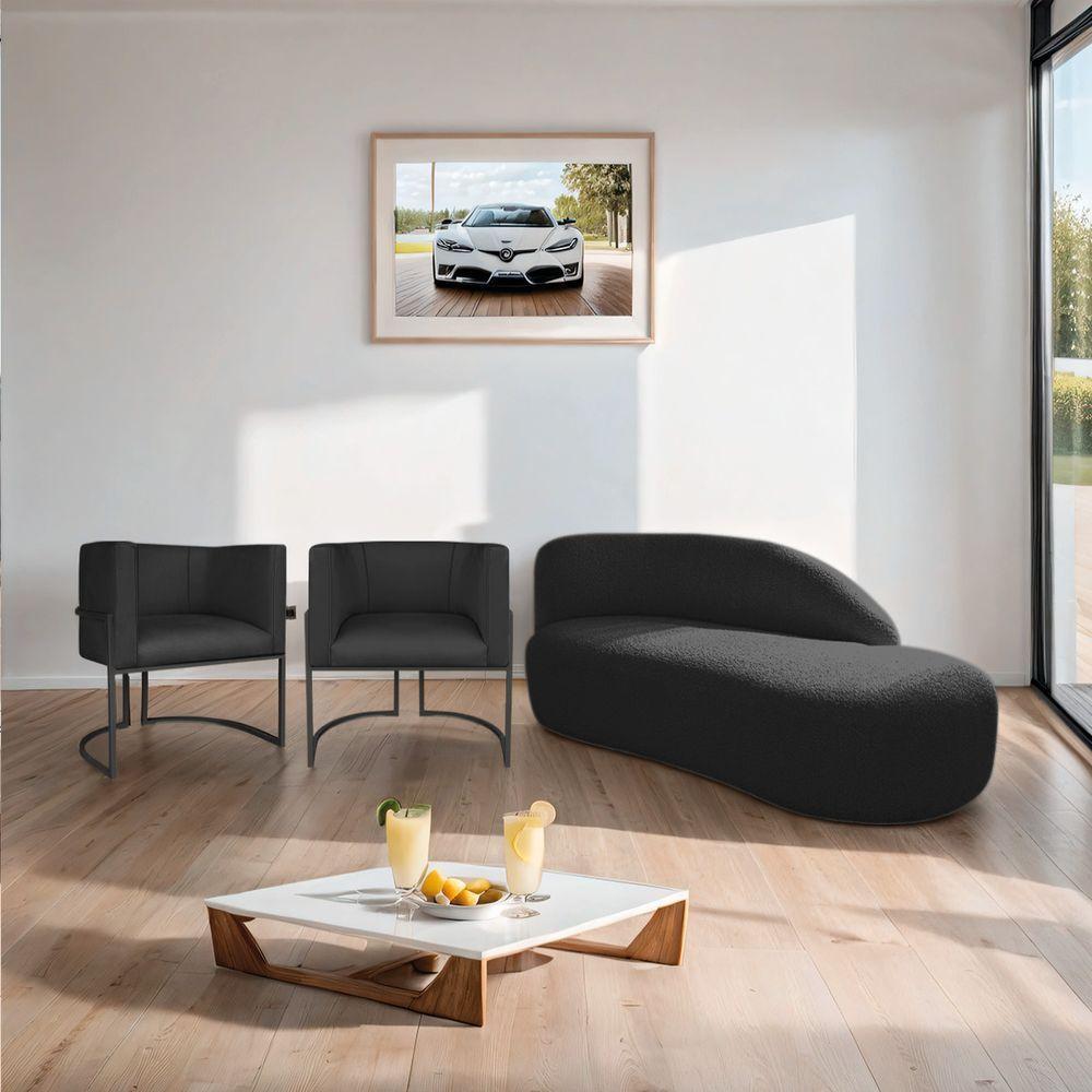 Kit Divã Luna 160cm Lado Direito E 02 Poltronas Base De Ferro Preto Suede Cor Preto - 3