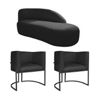 Kit Divã Luna 160cm Lado Direito E 02 Poltronas Base De Ferro Preto Suede Cor Preto - 1