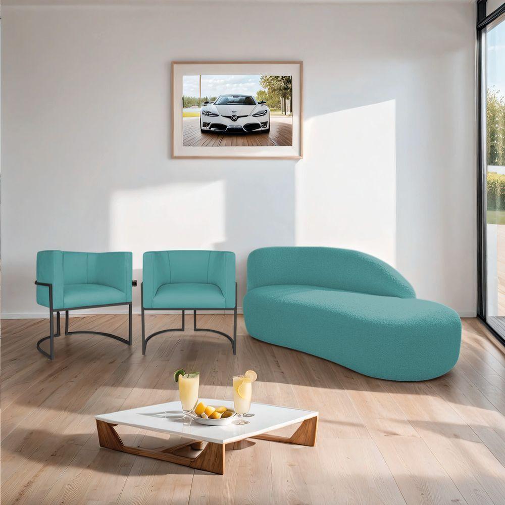Kit Divã Luna 185cm Lado Direito E 02 Poltronas Base De Ferro Preto Suede Cor Azul Turquesa - 8