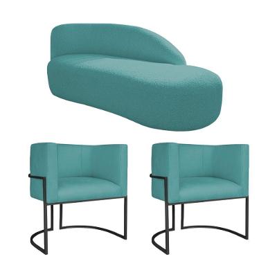 Kit Divã Luna 185cm Lado Direito E 02 Poltronas Base De Ferro Preto Suede Cor Azul Turquesa