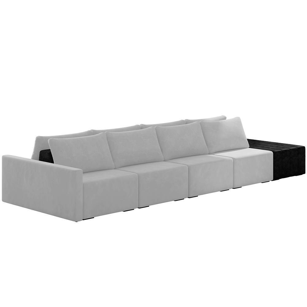 Sofá Ilha Modular Para Sala 432cm Com Puff Dublin K01 Veludo Cinza E Sintético Preto - Lyam Decor - 1