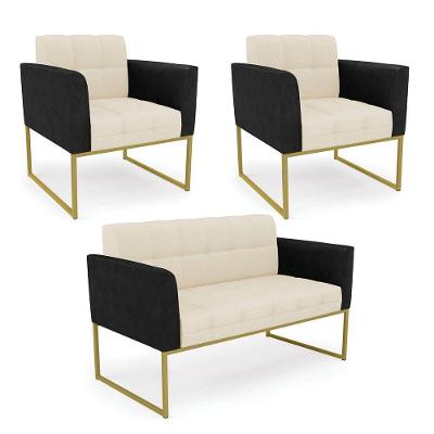 Sofá Namoradeira E 2 Poltronas Base Industrial Dourado Elisa Preto-linho Bege A19 D03 - D'rossi