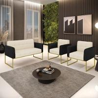 Sofá Namoradeira E 2 Poltronas Base Industrial Dourado Elisa Preto-linho Bege A19 D03 - D'rossi - 7