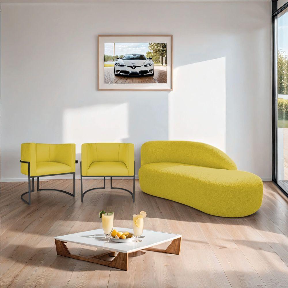 Kit Divã Luna 185cm Lado Direito E 02 Poltronas Base De Ferro Preto Suede Cor Amarelo - 8