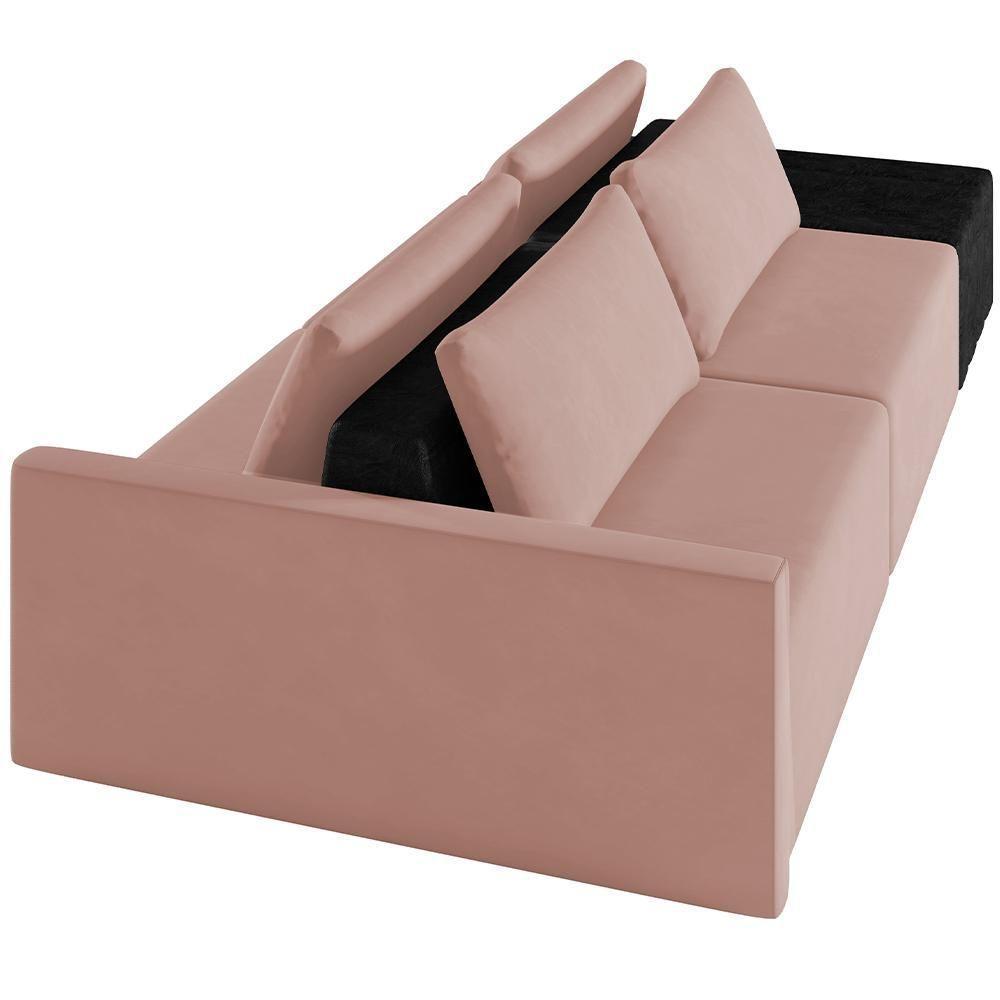 Sofá Ilha Modular Para Sala 252cm Com Puff Dublin K01 Veludo Rosê E Sintético Preto - Lyam Decor - 4