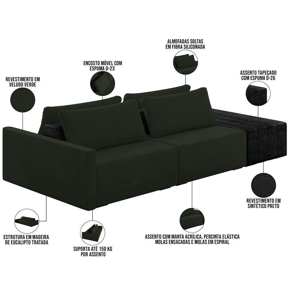 Sofá Ilha Modular Para Sala 252cm Com Puff Dublin K01 Veludo Verde E Sintético Preto - Lyam Decor - 7