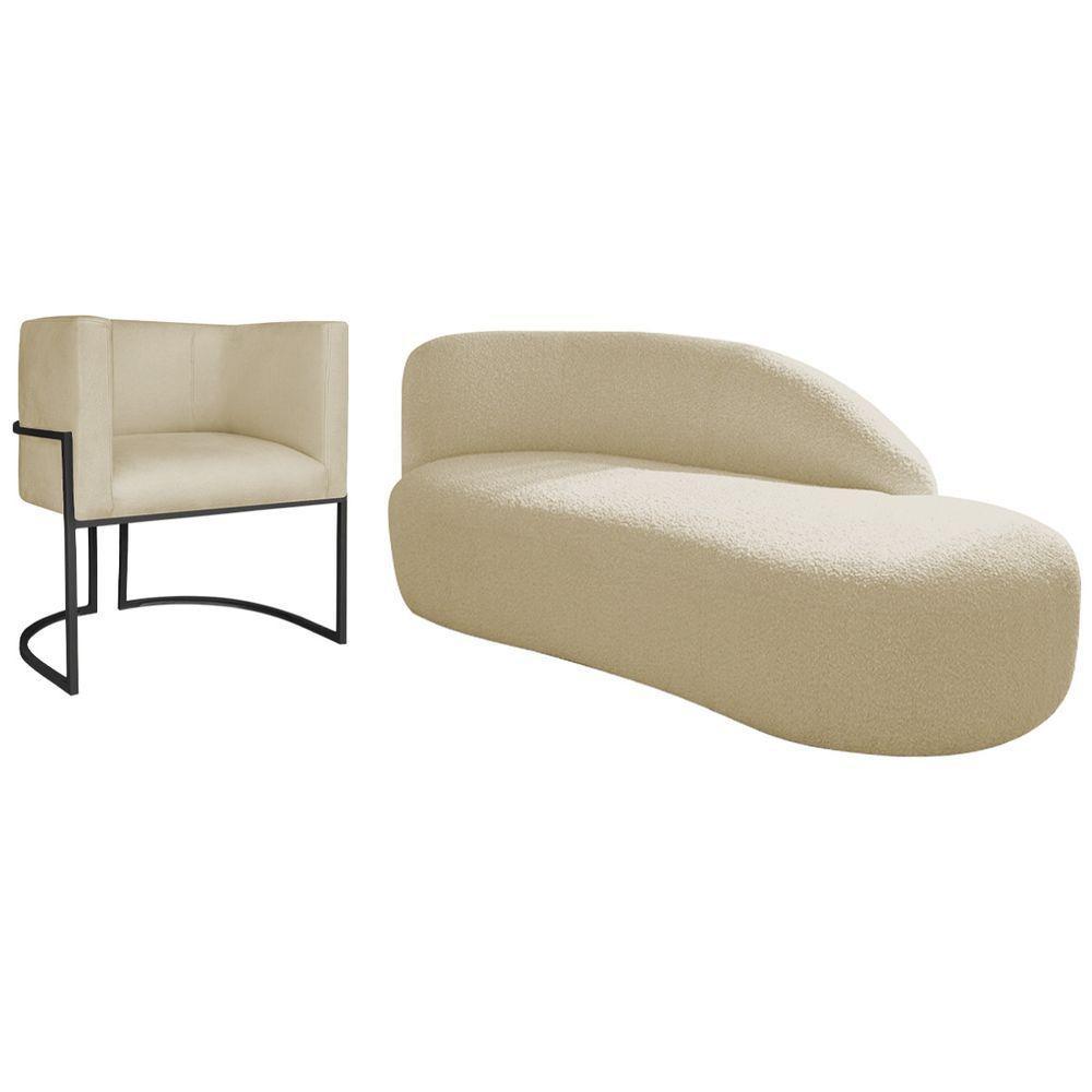 Kit Divã Luna 140cm Lado Direito E 01 Poltrona Base De Ferro Preto Suede Cor Bege - 1