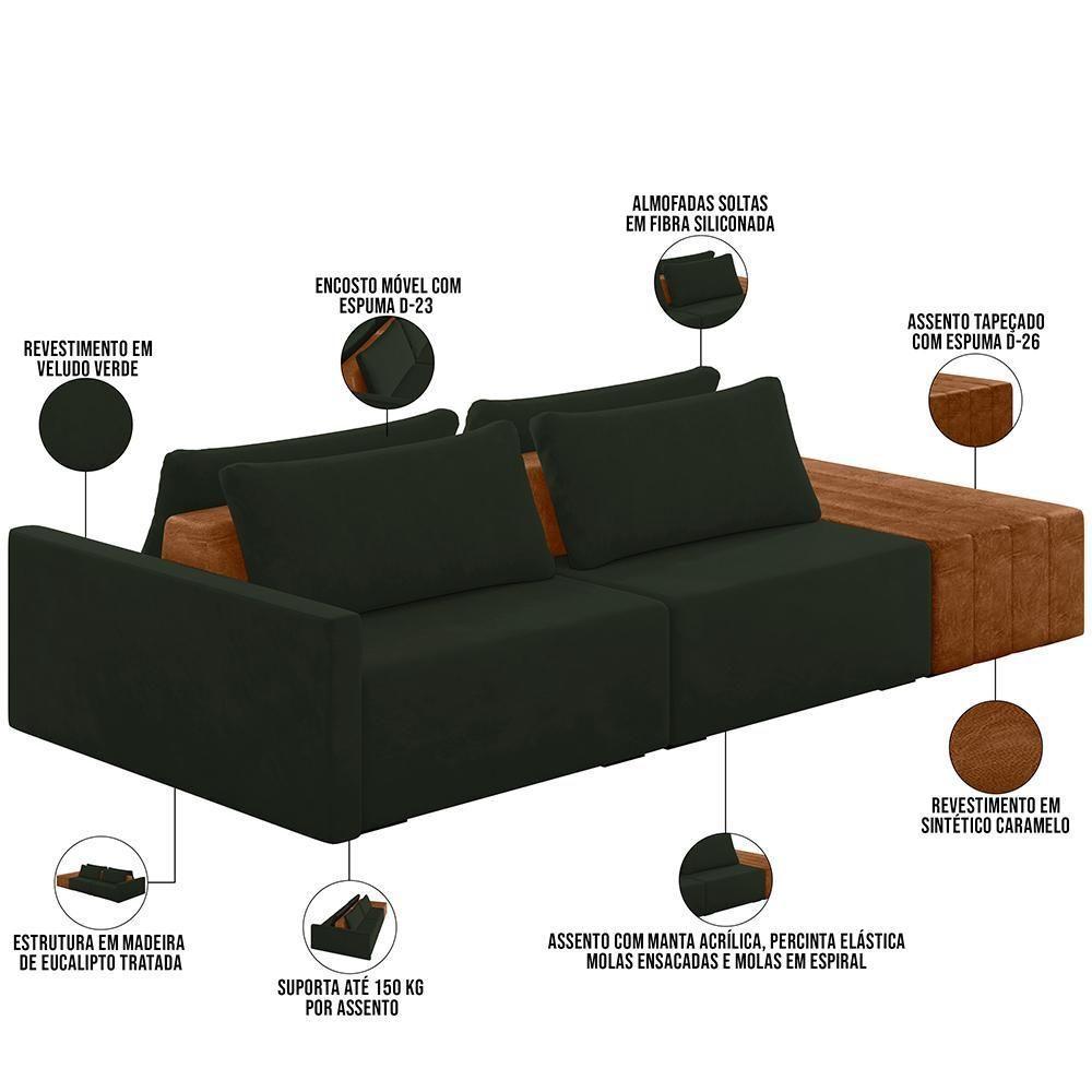 Sofá Ilha Modular Para Sala 252cm Com Puff Dublin K01 Veludo Verde Sintético Caramelo - Lyam Decor - 7