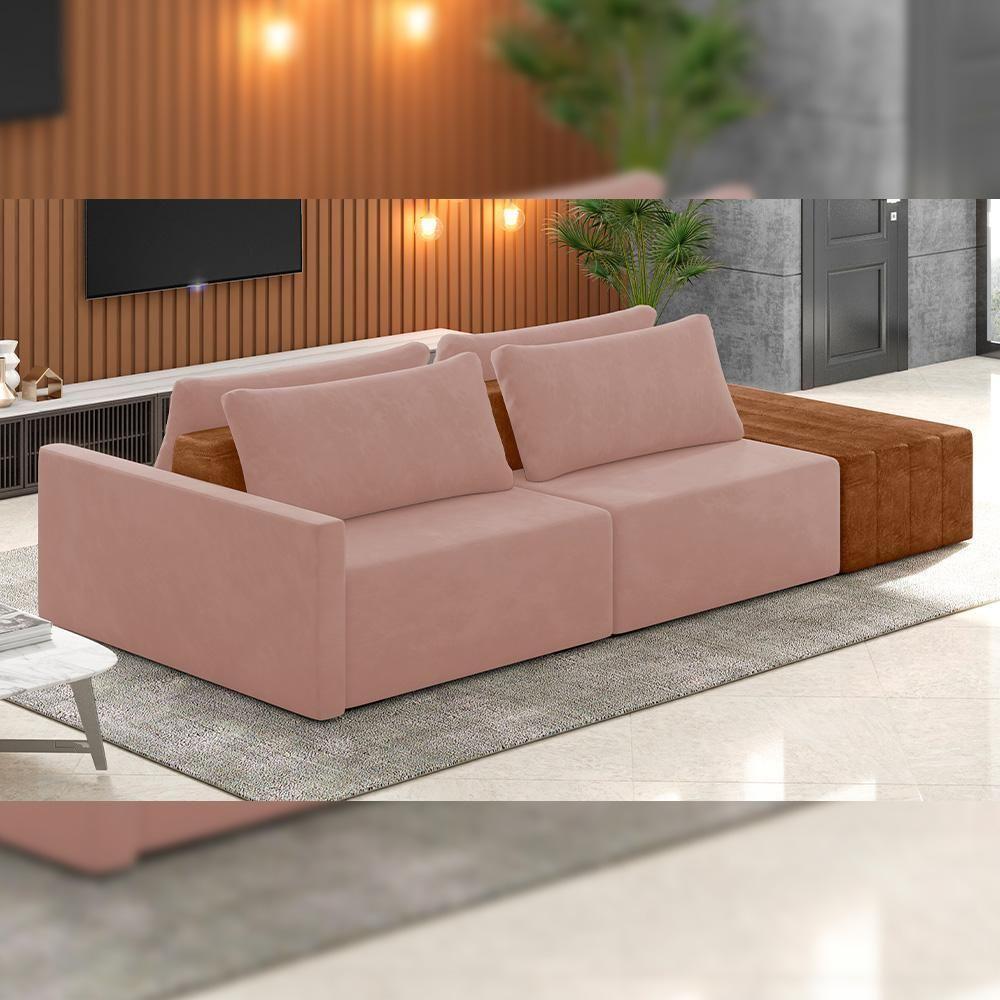 Sofá Ilha Modular Para Sala 252cm Com Puff Dublin K01 Veludo Rosê Sintético Caramelo - Lyam Decor - 6