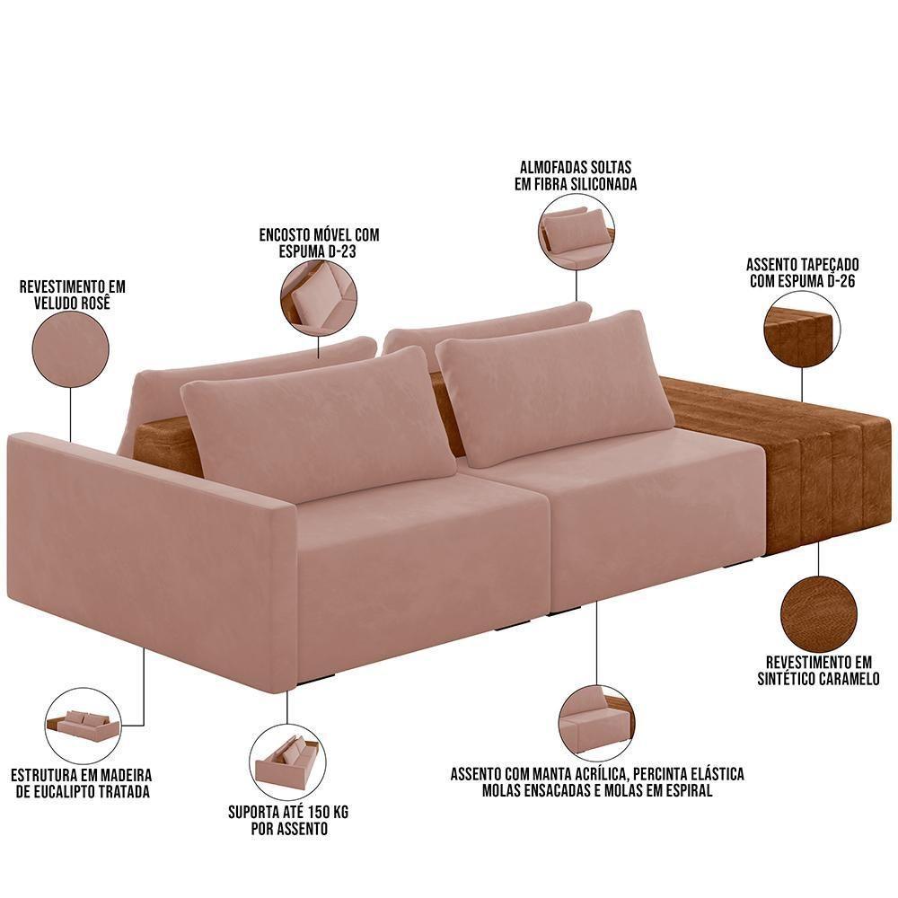 Sofá Ilha Modular Para Sala 252cm Com Puff Dublin K01 Veludo Rosê Sintético Caramelo - Lyam Decor - 7