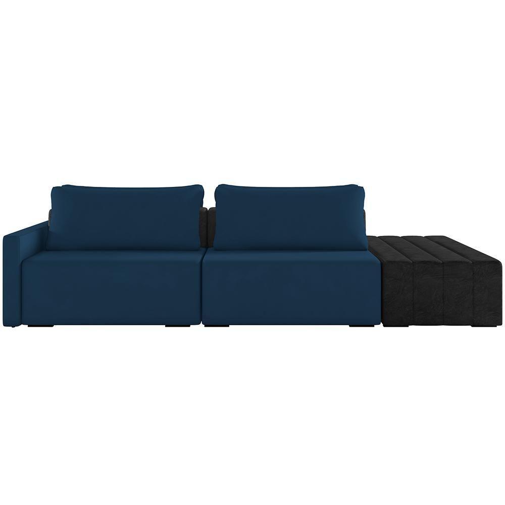 Sofá Ilha Modular Para Sala 252cm Com Puff Dublin K01 Veludo Azul Marinho E Sintético Preto - Lyam Decor - 2