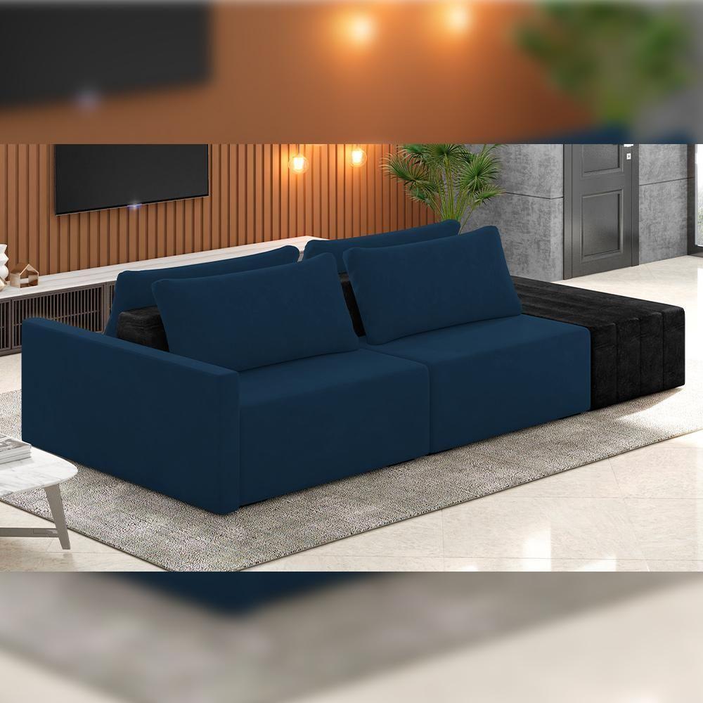 Sofá Ilha Modular Para Sala 252cm Com Puff Dublin K01 Veludo Azul Marinho E Sintético Preto - Lyam Decor - 3