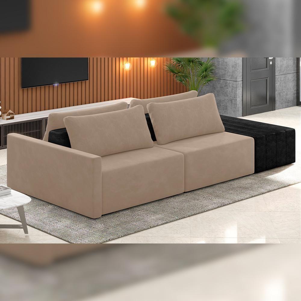 Sofá Ilha Modular Para Sala 232cm Com Puff Dublin K01 Veludo Bege E Sintético Preto - Lyam Decor - 6