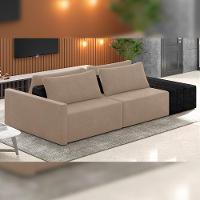 Sofá Ilha Modular Para Sala 232cm Com Puff Dublin K01 Veludo Bege E Sintético Preto - Lyam Decor - 6