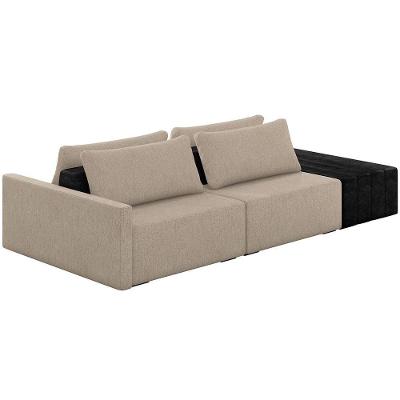Sofá Ilha Modular Para Sala 252cm Com Puff Dublin K01 Linho Bege E Sintético Preto - Lyam Decor