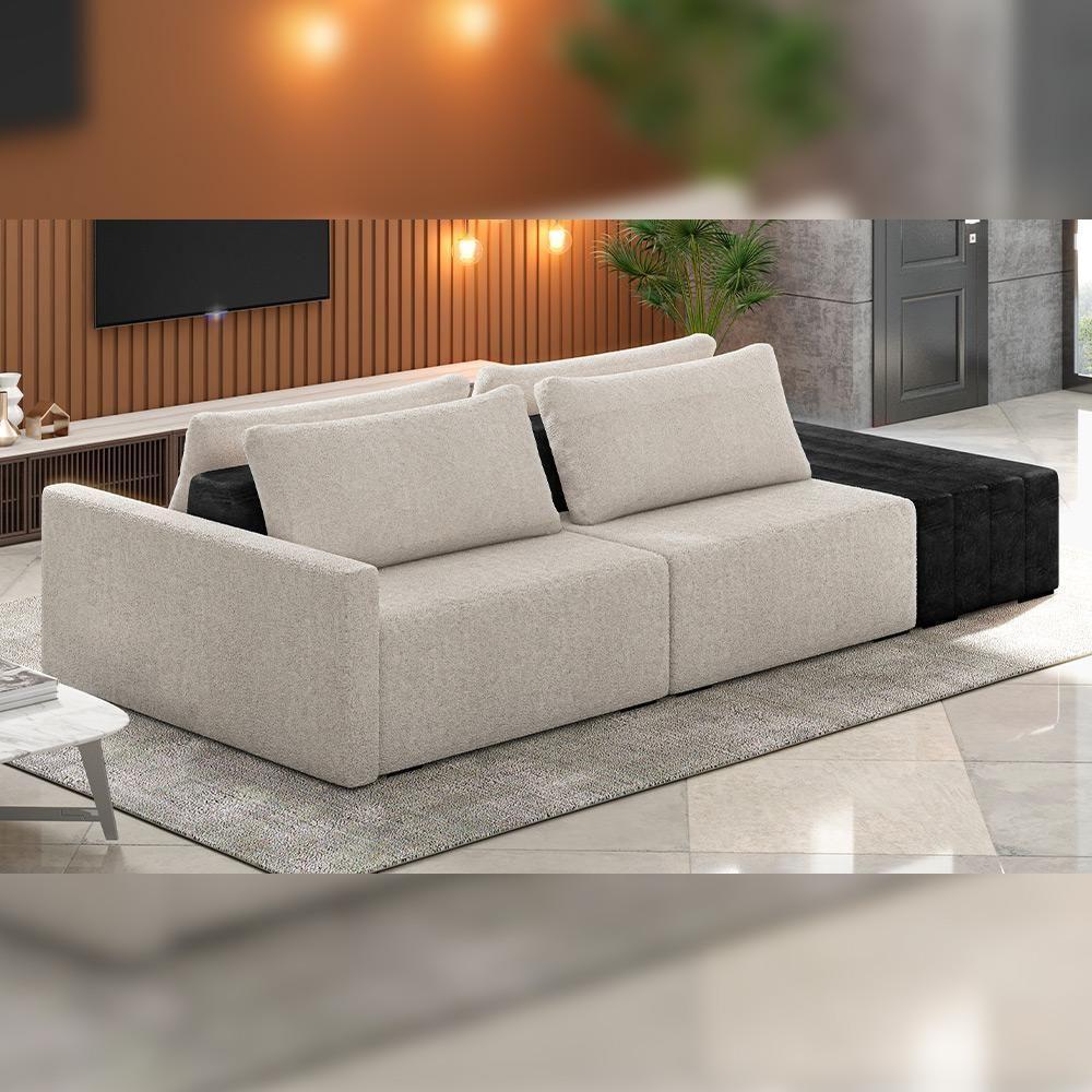 Sofá Ilha Modular Para Sala 252cm Com Puff Dublin K01 Bouclê Creme E Sintético Preto - Lyam Decor - 6