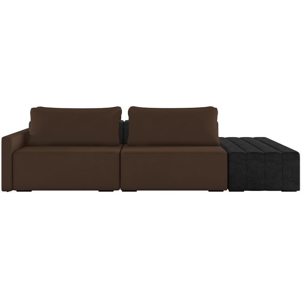Sofá Ilha Modular Para Sala 252cm Com Puff Dublin K01 Veludo Marrom E Sintético Preto - Lyam Decor - 7