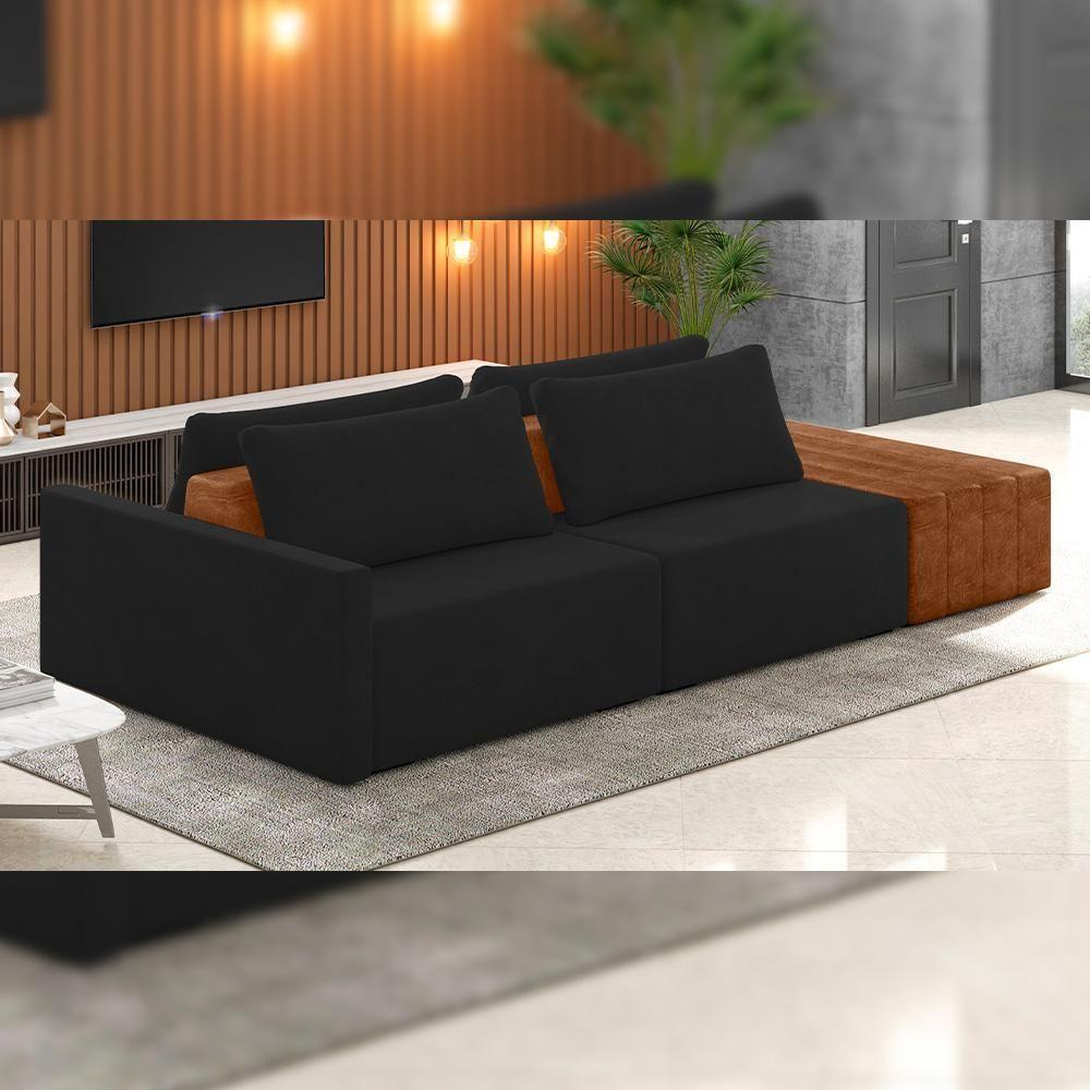 Sofá Ilha Modular Para Sala 252cm Com Puff Dublin K01 Veludo Preto Sintético Caramelo - Lyam Decor - 6