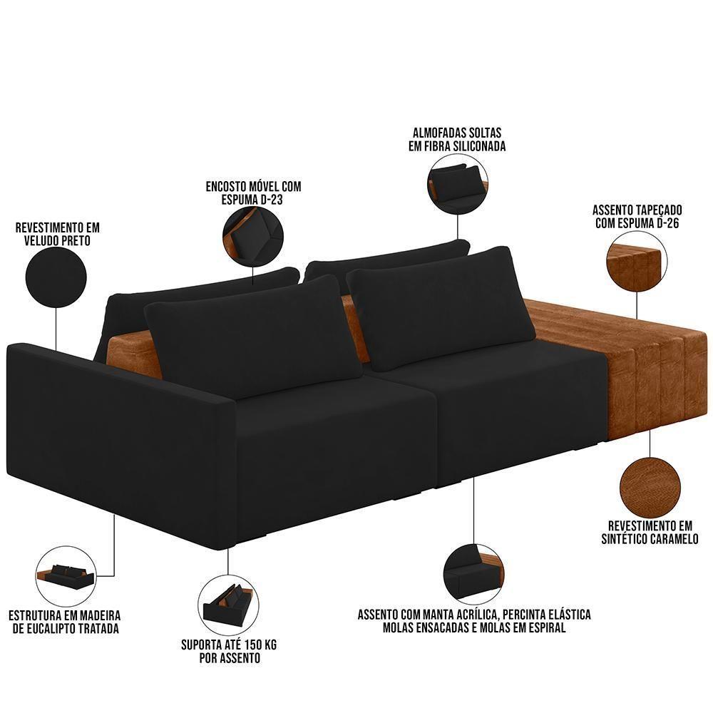 Sofá Ilha Modular Para Sala 252cm Com Puff Dublin K01 Veludo Preto Sintético Caramelo - Lyam Decor - 7