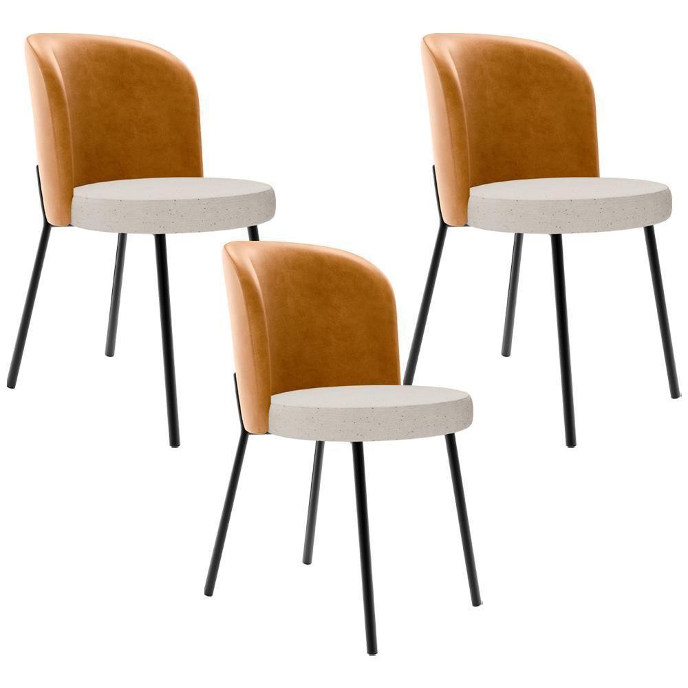 Kit 3 Cadeiras Sala De Jantar Estofada Gavi L02 Couríssimo Whisky Linho Cru - 1