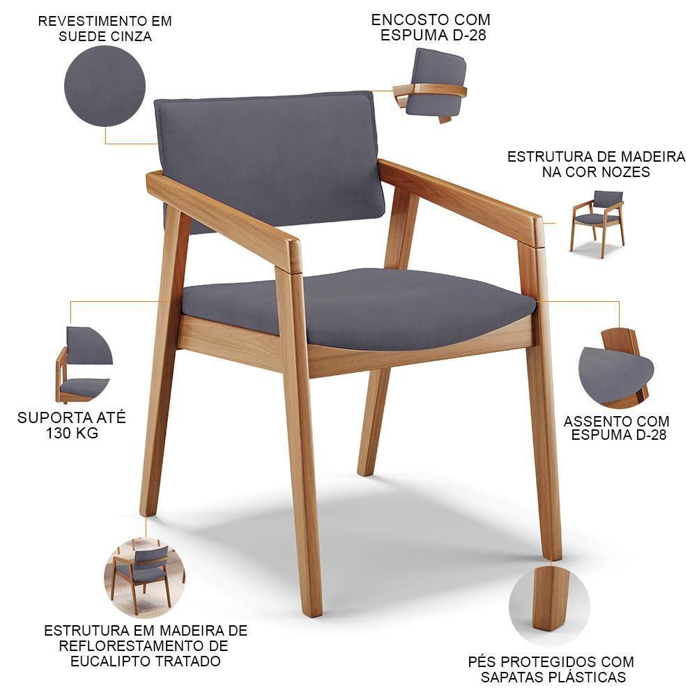 Kit 05 Cadeiras Para Sala De Jantar Estar Living Giorgia B04 Suede Cinza - 5