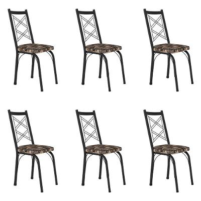 Kit 6 Cadeiras De Cozinha Delaware Estampado Mosaico Palha Pés De Ferro Preto