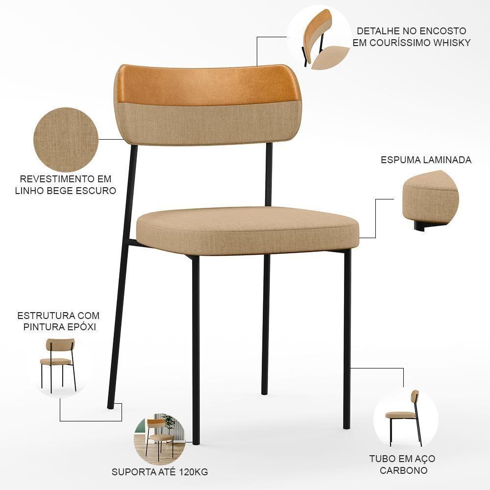 Kit 08 Cadeira Decorativa Estofada Para Sala De Jantar Melina L02 Linho Bege Escuro Couríssimo Whisky - Lyam Decor - 7
