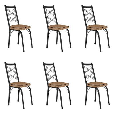 Kit 6 Cadeiras De Cozinha Delaware Estampado Rattan Bege Pés De Ferro Preto