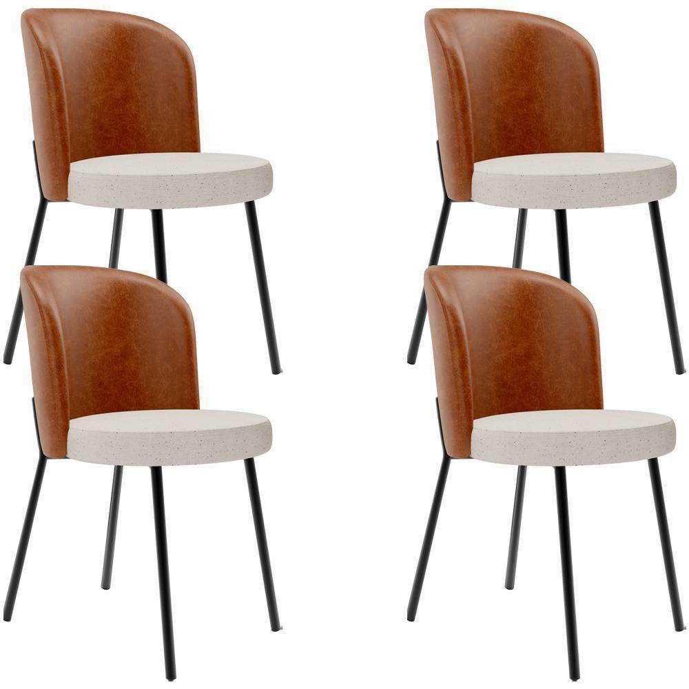 Kit 4 Cadeiras Sala De Jantar Estofada Gavi L02 Couríssimo Camel Linho Cru - 1