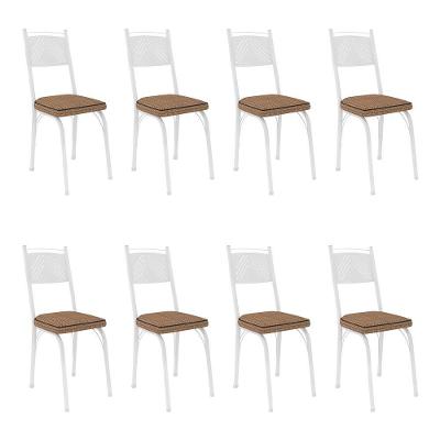 Kit 8 Cadeiras De Cozinha Virginia Estampado Rattan Bege Pés De Ferro Branco