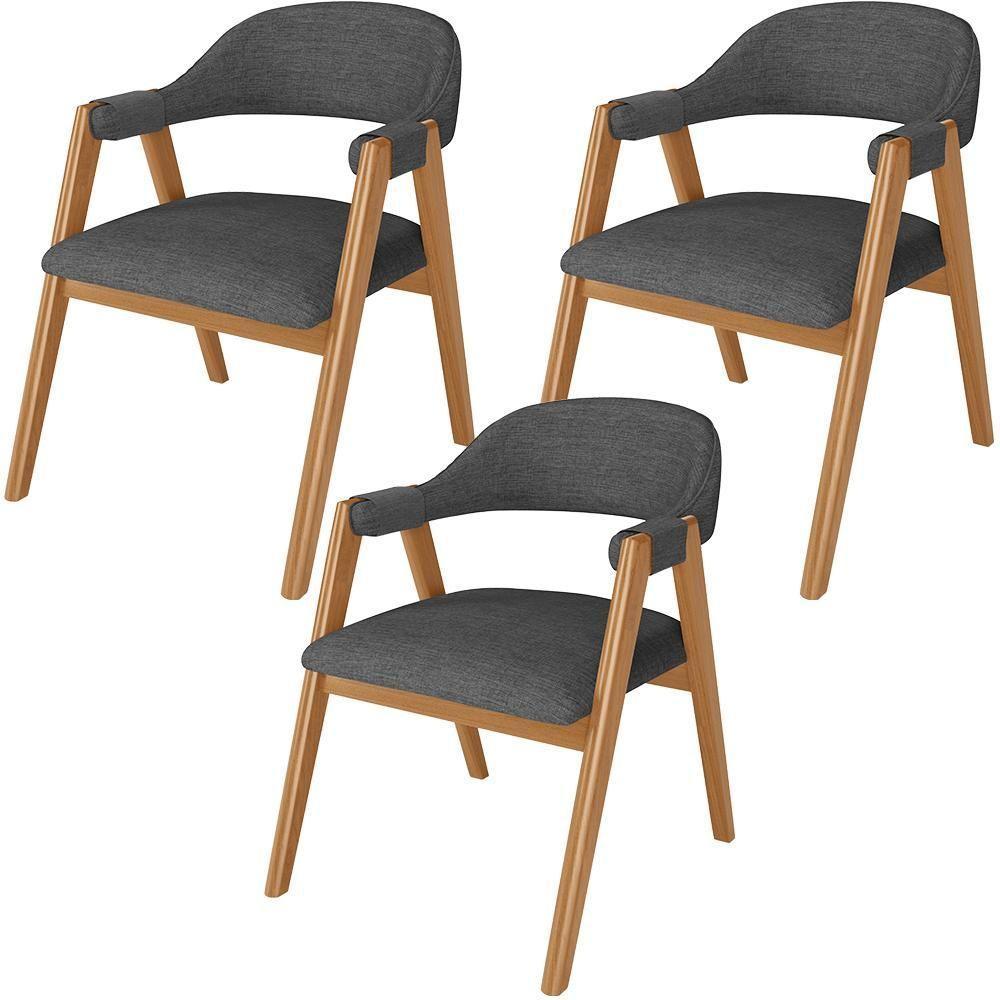 Kit 03 Cadeiras De Jantar E Estar Living Estofada Nadja L02 Linho Cinza Escuro - 1