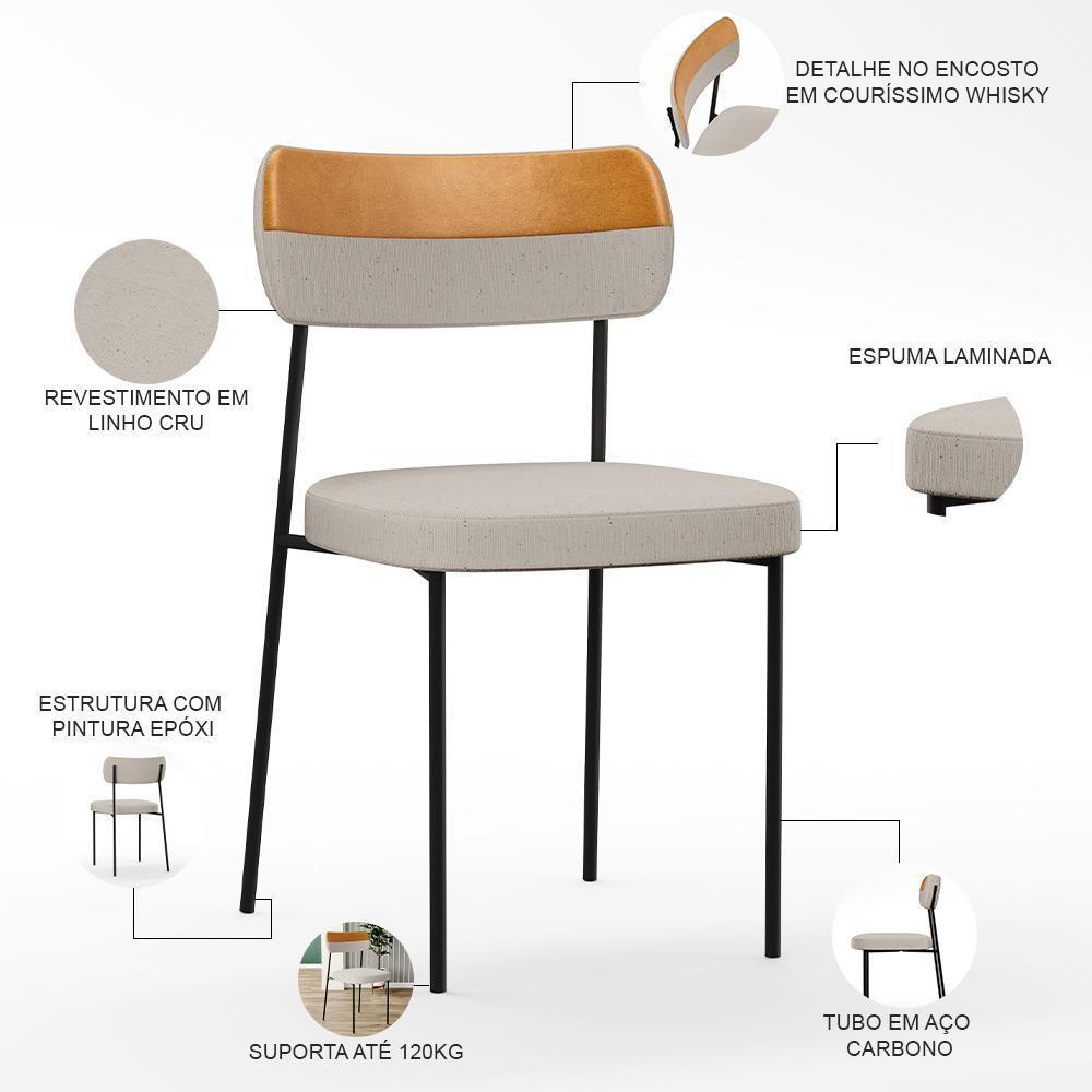 Kit 08 Cadeira Decorativa Estofada Para Sala De Jantar Melina L02 Linho Cru Couríssimo Whisky - Lyam Decor - 7