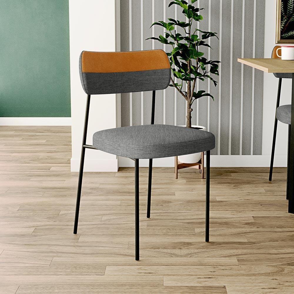 Kit 08 Cadeira Decorativa Estofada Para Sala De Jantar Melina L02 Linho Cinza Escuro Couríssimo Whisky - Lyam Decor - 6