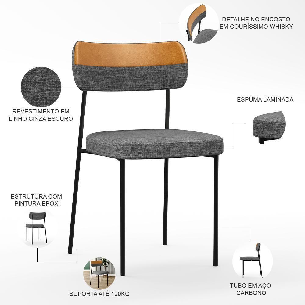 Kit 08 Cadeira Decorativa Estofada Para Sala De Jantar Melina L02 Linho Cinza Escuro Couríssimo Whisky - Lyam Decor - 7