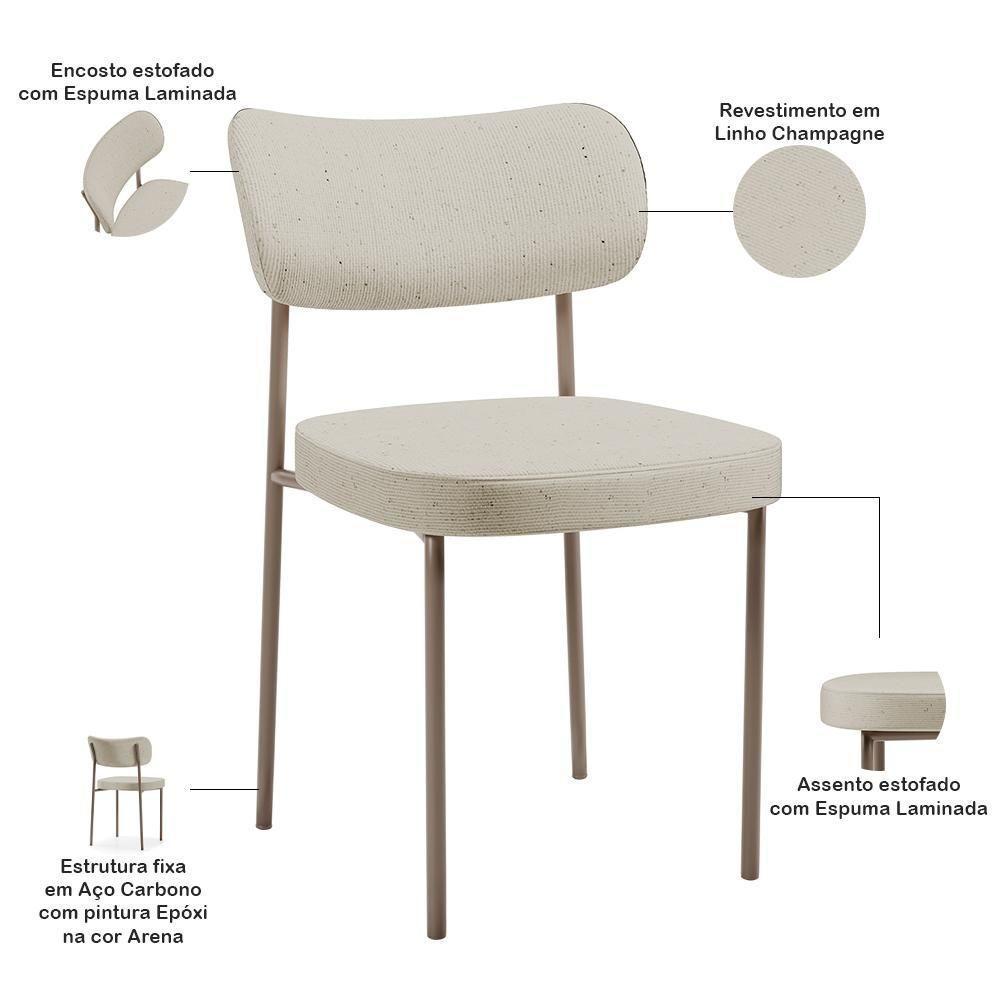 Kit 04 Cadeiras Decorativa Estofada Para Sala De Jantar Melina Base Arena L02 Linho Champagne - Lyam Decor - 3