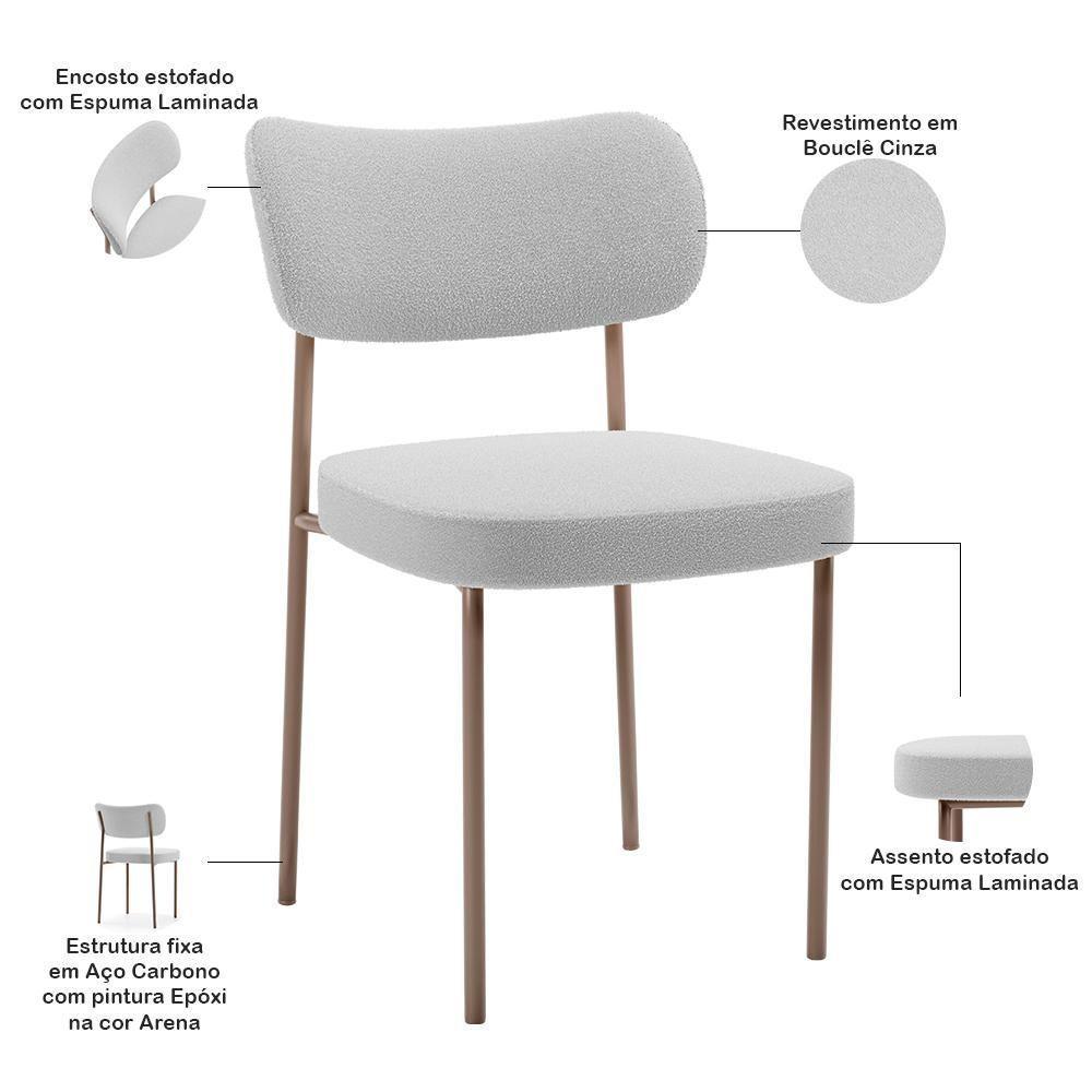 Kit 04 Cadeiras Decorativa Estofada Para Sala De Jantar Melina Base Arena L02 Bouclê Cinza - Lyam Decor - 3