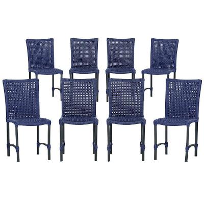 8 Cadeiras De Jantar Cannes De Alumínio Pintura Preta Trama Azul