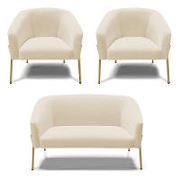 Sofá Namoradeira E 2 Poltronas Pé De Ferro Dourado Stella Linho Bege A19 D03 - D'rossi - 1