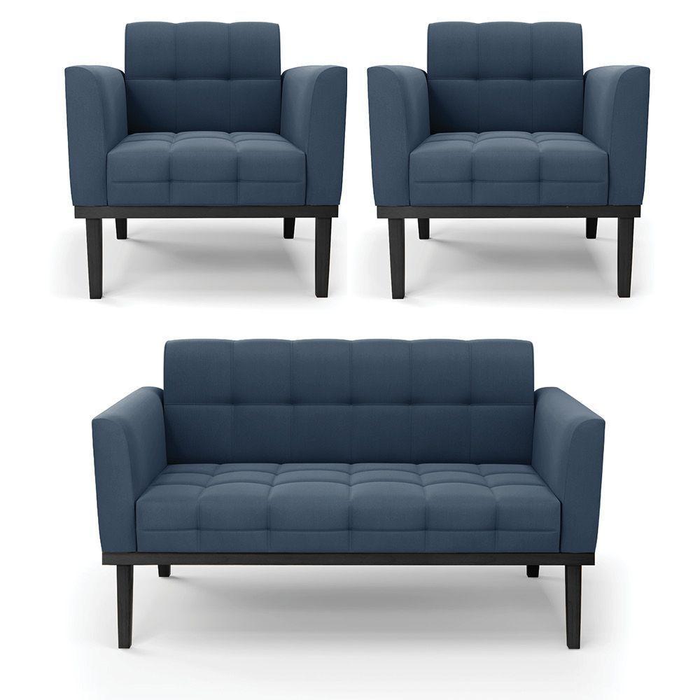 Sofá Namoradeira E 2 Poltronas Base De Madeira Preto Elisa Suede D03 - D'rossi Cor Azul Marinho - 1