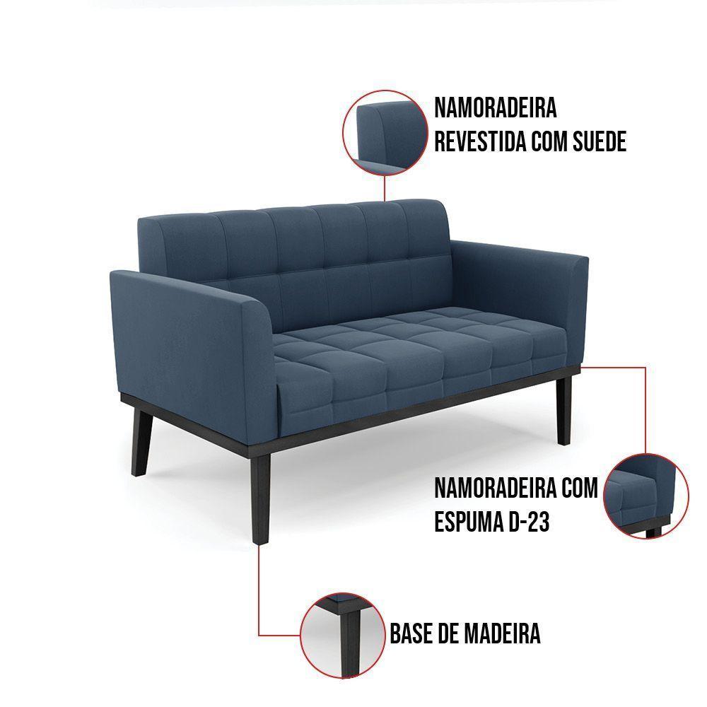 Sofá Namoradeira E 2 Poltronas Base De Madeira Preto Elisa Suede D03 - D'rossi Cor Azul Marinho - 3