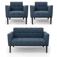 Sofá Namoradeira E 2 Poltronas Base De Madeira Preto Elisa Suede D03 - D'rossi Cor Azul Marinho - 1