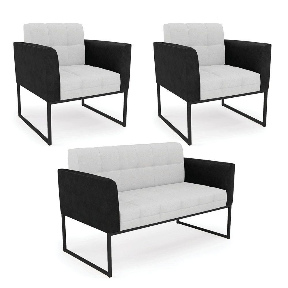 Sofá Namoradeira E 2 Poltronas Base Industrial Preto Elisa Preto-linho Cinza A05 D03 - D'rossi - 1