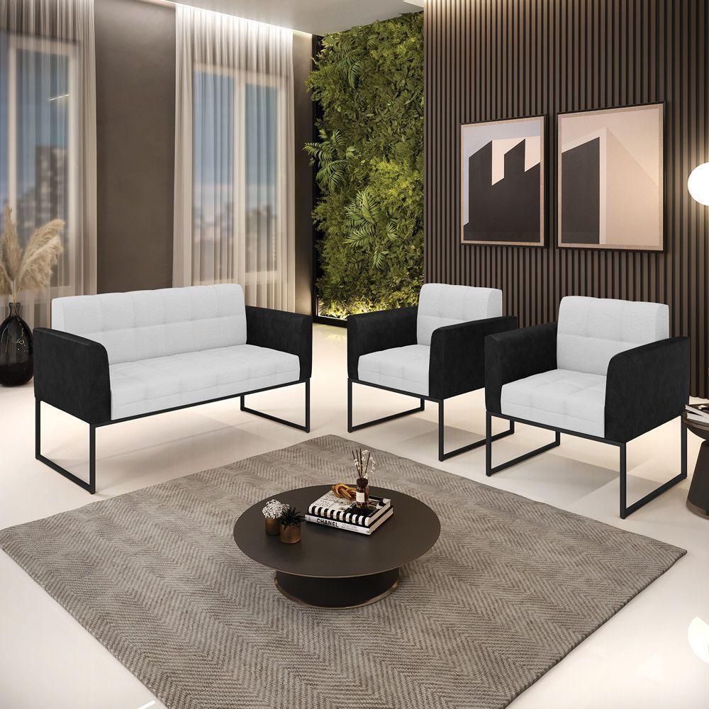 Sofá Namoradeira E 2 Poltronas Base Industrial Preto Elisa Preto-linho Cinza A05 D03 - D'rossi - 7