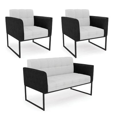 Sofá Namoradeira E 2 Poltronas Base Industrial Preto Elisa Preto-linho Cinza A05 D03 - D'rossi