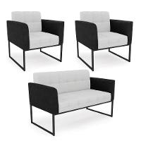 Sofá Namoradeira E 2 Poltronas Base Industrial Preto Elisa Preto-linho Cinza A05 D03 - D'rossi - 1