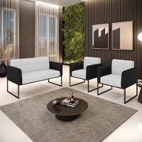 Sofá Namoradeira E 2 Poltronas Base Industrial Preto Elisa Preto-linho Cinza A05 D03 - D'rossi - 7