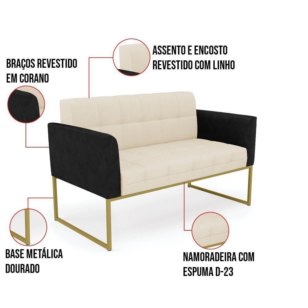 Sofá Namoradeira 2 Lugares Base Industrial Dourado Elisa Preto-linho Bege A19 D03 - D'rossi - 2
