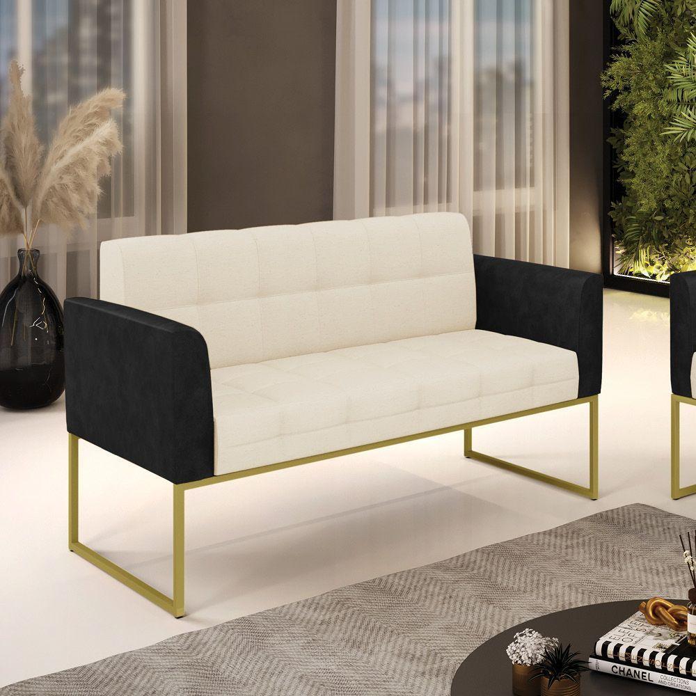 Sofá Namoradeira 2 Lugares Base Industrial Dourado Elisa Preto-linho Bege A19 D03 - D'rossi - 6