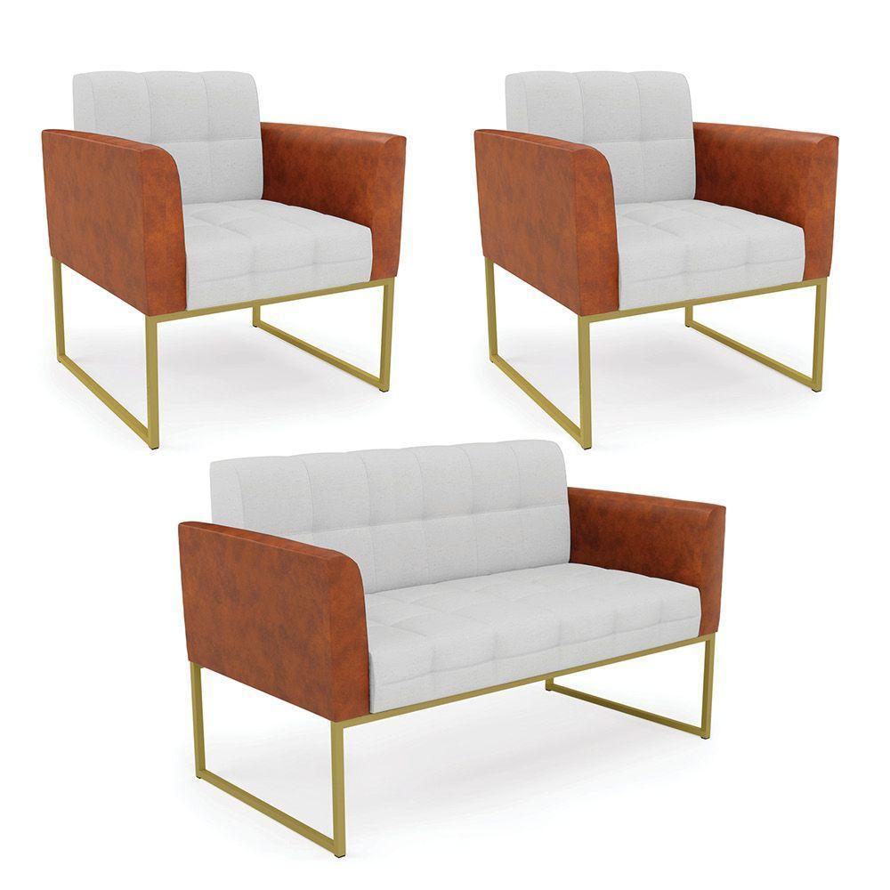 Sofá Namoradeira E 2 Poltronas Base Industrial Dourado Elisa Nozes-linho Cinza A05 D03 - D'rossi - 1